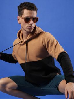 CAHOOT - Men Black & Brown Pullover Hooded Sweatshirt with Ribbed Hem