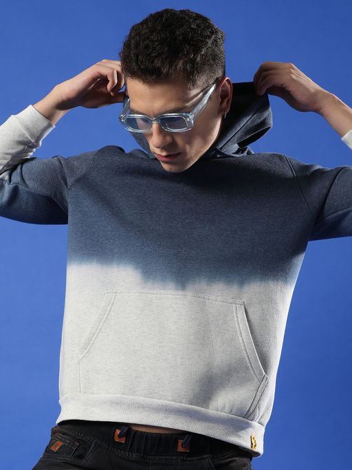 CAHOOT Men Blue & Grey Pullover Ombre Hooded Sweatshirt with Ribbed Hem