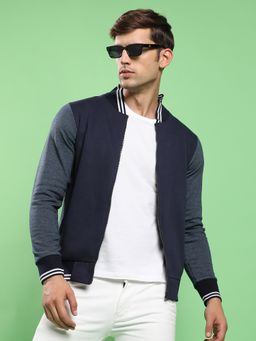 Campus Sutra - Men Navy Blue Zip Front Jacket with Contrast Striped Hem