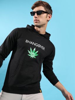 Campus Sutra - Men Black Bhangover Hooded Sweatshirt with Kangaroo Pocket