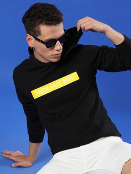 Campus Sutra - Men Black Born This Way Hooded Sweatshirt with Kangaroo Pocket