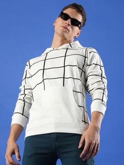 Campus Sutra - Men White Contrast Graph Check Hooded Sweatshirt with Kangaroo Pocket
