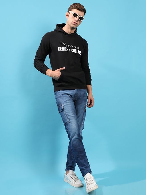 CAHOOT Men Black Happiness Is Hooded Sweatshirt with Kangaroo Pocket