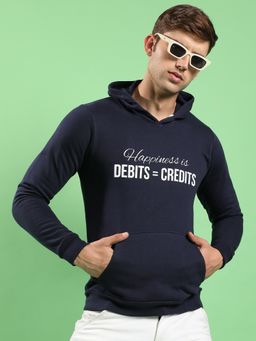Campus Sutra - Men Navy Blue Happiness Is Hooded Sweatshirt with Kangaroo Pocket