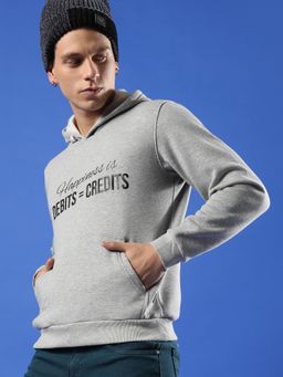 Campus Sutra - Men Light Grey Happiness Is Hooded Sweatshirt with Kangaroo Pocket