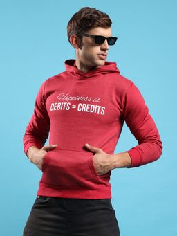 Campus Sutra - Men Red Happiness Is Hooded Sweatshirt with Kangaroo Pocket