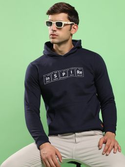 Campus Sutra - Men Navy Blue Inspire Hooded Sweatshirt with Kangaroo Pocket