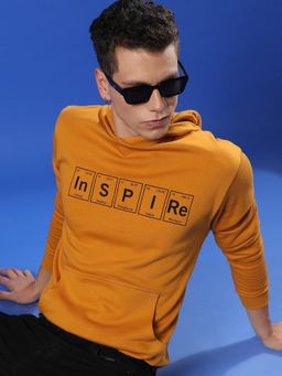 Campus Sutra - Men Mustard Yellow Inspire Hooded Sweatshirt with Kangaroo Pocket