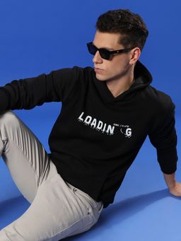 Campus Sutra - Men Black Loading Hooded Sweatshirt with Kangaroo Pocket