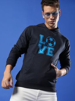Campus Sutra - Men Navy Blue Love Football Hooded Sweatshirt with Kangaroo Pocket