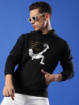 Campus Sutra - Men Black Football Hooded Sweatshirt with Kangaroo Pocket