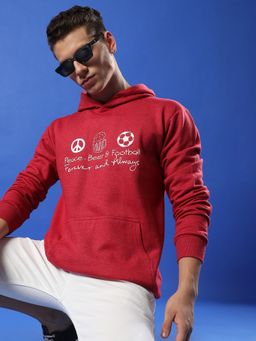 Campus Sutra - Men Red Peace Beer Football Hooded Sweatshirt with Kangaroo Pocket