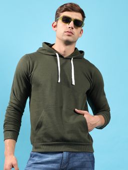 Campus Sutra - Men Forest Green Pullover Hooded Sweatshirt with Contrast Drawstring