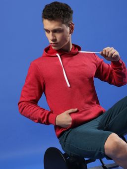 Campus Sutra - Men Red Pullover Hooded Sweatshirt with Contrast Drawstring