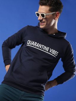 Campus Sutra - Men Navy Blue Quarantine Vibes Hooded Sweatshirt with Kangaroo Hooded Sweatshirt