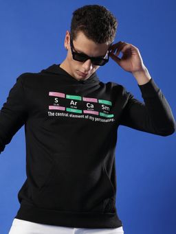 Campus Sutra - Men Black Sarcasm Hooded Sweatshirt with Kangaroo Pocket