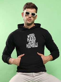 Campus Sutra - Men Black Work Hard Stay Humble Hooded Sweatshirt