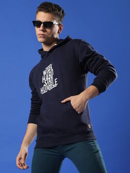 Campus Sutra - Men Navy Blue Work Hard Stay Humble Hooded Sweatshirt