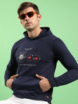 Campus Sutra - Men Navy Blue Water Molecules Hooded Sweatshirt with Kangaroo Pocket