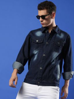 Campus Sutra - Men Navy Blue Dark Wash Denim Jacket with Button-closure