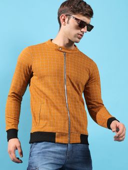 Campus Sutra - Men Mustard Yellow Graph Checks Jacket with Contrast Hem
