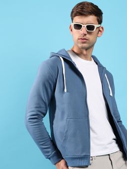 Campus Sutra - Men Azure Blue Zip Front Hooded Sweatshirt with Contrast Drawstring