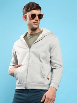Campus Sutra - Men Light Grey Zip Front Hooded Sweatshirt with Contrast Drawstring