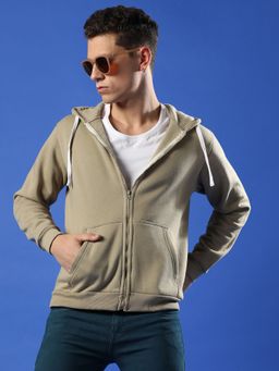 CAHOOT - Men Beige Zip Front Hooded Sweatshirt with Contrast Drawstring