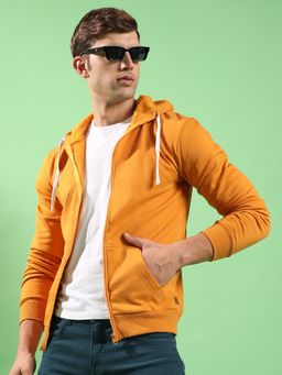 Campus Sutra - Men Mustard Yellow Zip Front Hooded Sweatshirt with Contrast Drawstring