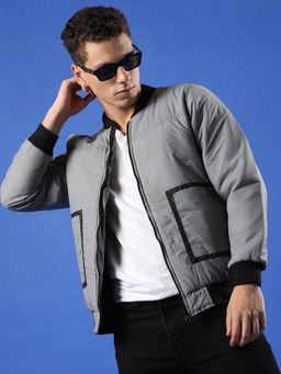 Campus Sutra - Men Light Grey Zip Front Puffer Jacket with Contrast Detail