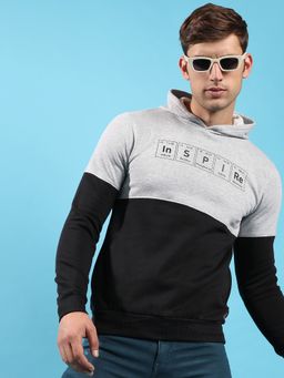 Campus Sutra - Men Black & Grey Inspire Hooded Sweatshirt with Kangaroo Pocket