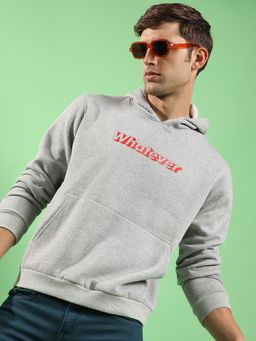 Campus Sutra - Men Light Grey Whatever Hooded Sweatshirt with Kangaroo Pocket