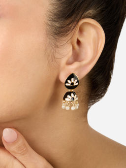 Zaveri Pearls - Black & White Meenakari Flowers Traditional Jhumki Earring