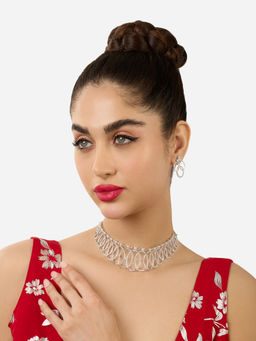 Zaveri Pearls - Silver Tone Cubic Zirconia Brass Choker Jewellery Set