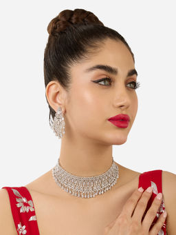 Zaveri Pearls - Silver Tone Cubic Zirconia Brass Choker Jewellery Set