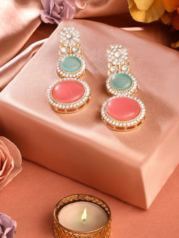 Zaveri Pearls - Pink & Turquoise Blue Stones Austrian Diamonds Drop Earring