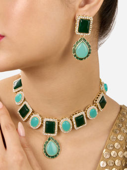 Zaveri Pearls - Turquoise Blue Green Austrian Diamonds Jewellery Set