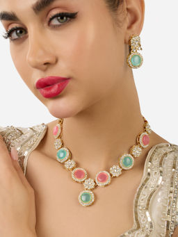 Zaveri Pearls - Turquoise Blue Pink Austrian Diamonds Jewellery Set