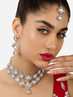 Zaveri Pearls - Silver Tone Stones Choker Jewellery Set