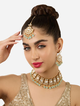 Zaveri Pearls - Green Beads Kundan Choker Jewellery Set