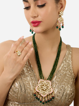 Zaveri Pearls - Green Multistrand Pink Meenakari Jewellery Set