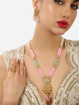 Zaveri Pearls - Pink Green Multistrand Kundan Jewellery Set