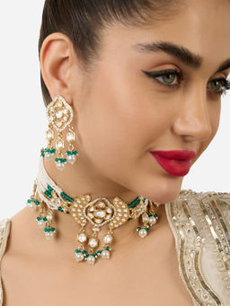 Zaveri Pearls - Green Multistrand Crystals Kundan Choker Jewellery Set