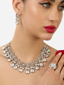 Zaveri Pearls - Silver Tone Stone Austrian Diamonds Jewellery Set