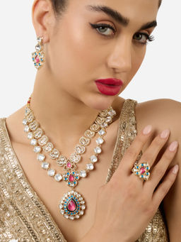 Zaveri Pearls - Turquoise Blue Pink Stones Layered Jewellery Set