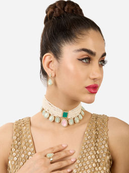 Zaveri Pearls - Pink Green Drop Multistrand Choker Jewellery Set