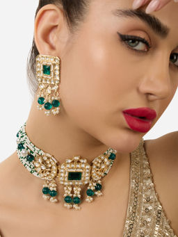 Zaveri Pearls - Green Multistrand Beaded Kundan Choker Jewellery Set