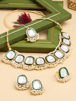 Zaveri Pearls - Green Meenakari Cluster Jewellery Set