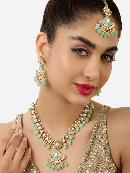 Buy Zaveri Pearls Mint Green Meenakari Kundan Jewellery Set Online