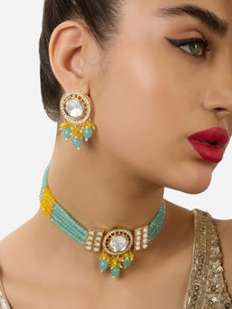 Zaveri Pearls - Turquoise Blue Yellow Multistrand Choker Jewellery Set